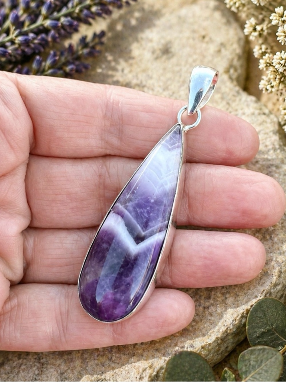 Large Teardrop Natural Chevron Amethyst 2.5” Sterling Silver Pendant